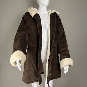 J.G. Hook Women's Penny Lane Coat Suede Leather Fur Hood SZ-M Boho Hippie Brown